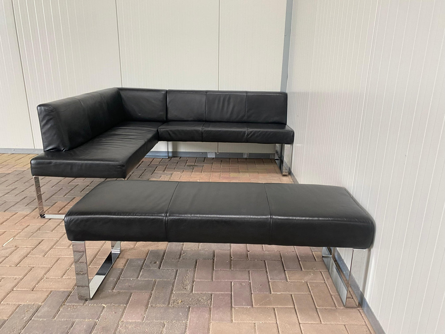 GRATIS LEVERING HEEL BENELUX + DACH Zwart Echt Leer Eet Hoekbank met Hocker