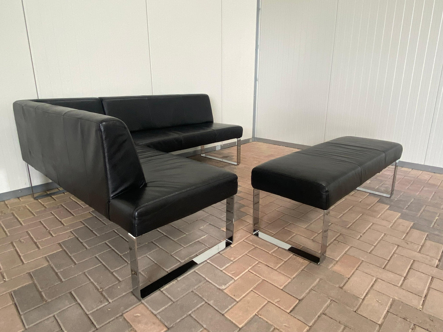 GRATIS LEVERING HEEL BENELUX + DACH Zwart Echt Leer Eet Hoekbank met Hocker