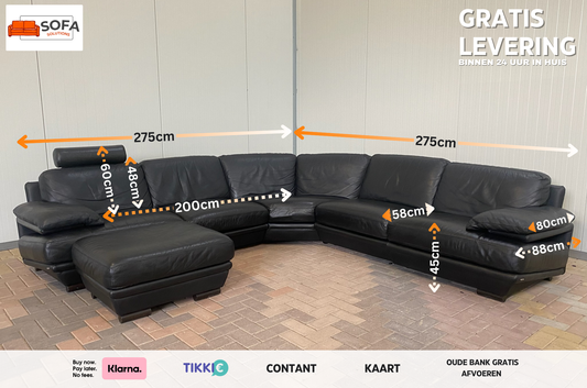 Natuzzi Zwart Echt Leer Hoekbank met Hocker