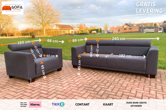 Montèl Donkergrijze Stoffen Bankstel- Premium Nederlands Comfort – Verstelbare Ontspanning