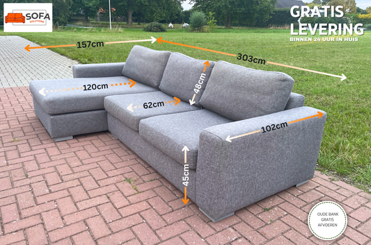 GRATIS LEVERING HEEL BENELUX + DACH N-joy Grijs Stoffen Hoekbank met Lounge Links