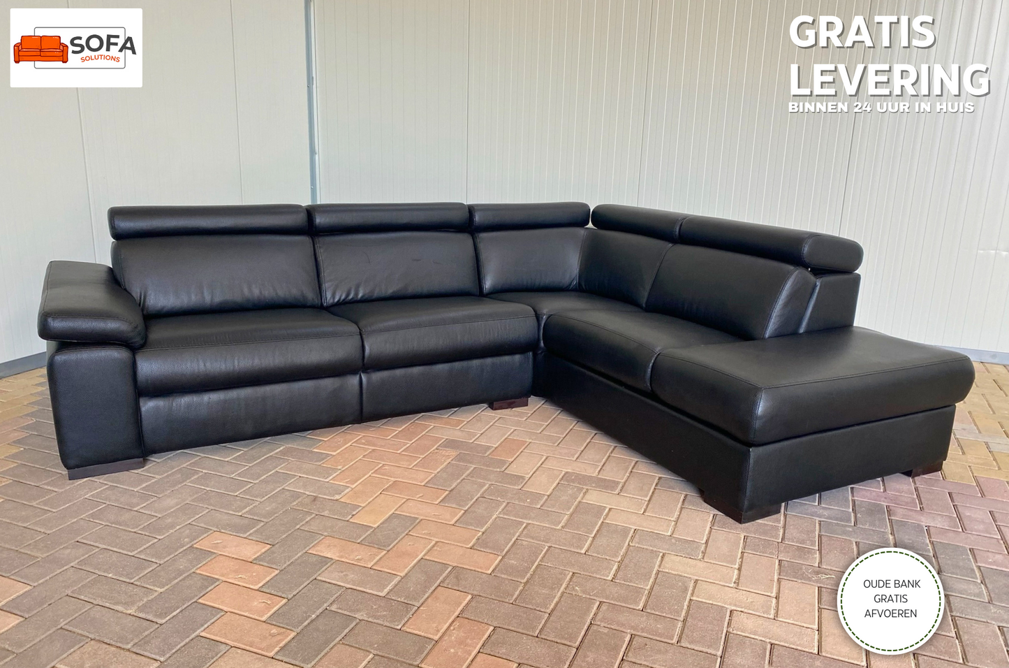 GRATIS LEVERING HEEL BENELUX + DACH Zwarte Echt Leer Hoekbank met Chaise Lounge