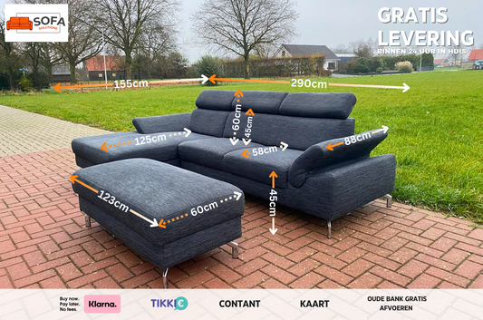 GRATIS LEVERING HEEL BENELUX + DACH Montel Grjs Stoffen Hoekbank + Hocker