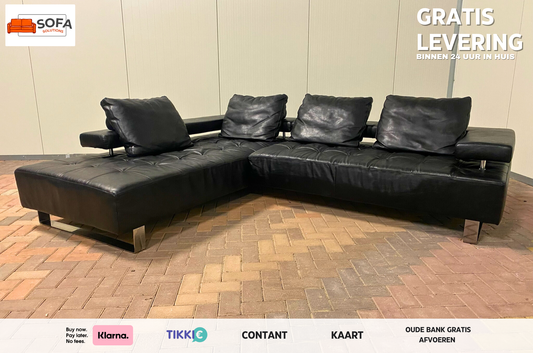 Montel Zwart Echt Leer Hoekbank – Diepe Zit & Losse Kussens – Modern Design met Metalen Poten – Gratis Levering NL & BE