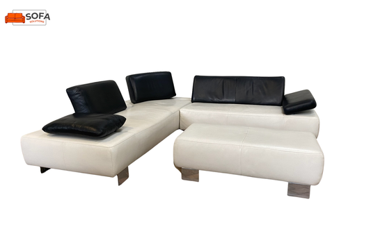 Montèl Witte Leren Hoekbank met Hocker–Luxe Echt Leer–Gratis Levering
