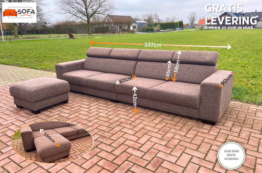 GRATIS LEVERING HEEL BENELUX + DACH Grote Stoffen Bruin 4 -zits Bankstel + Hocker
