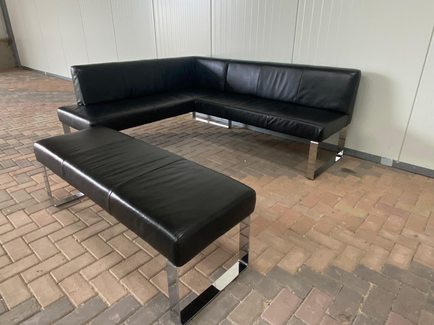 GRATIS LEVERING HEEL BENELUX + DACH Zwart Echt Leer Eet Hoekbank met Hocker