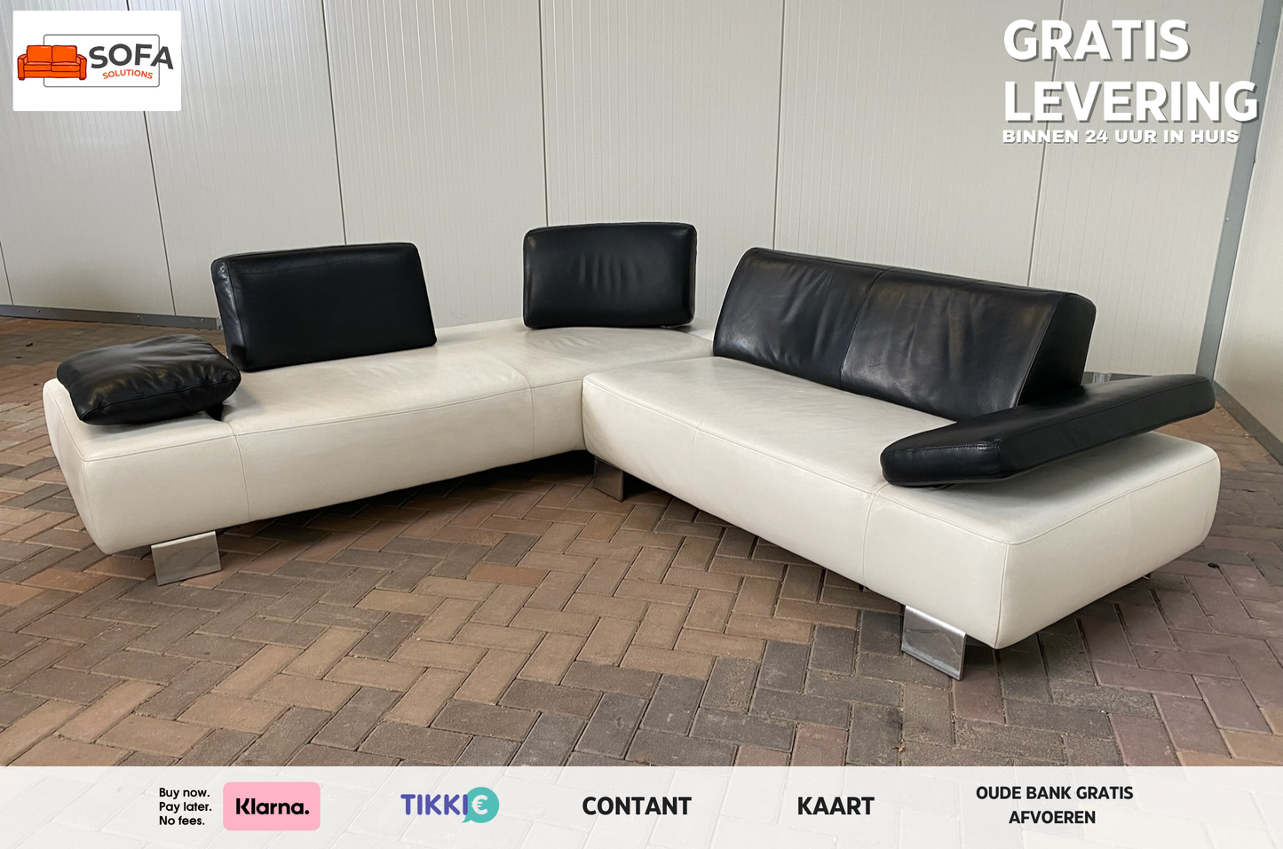 GRATIS LEVERING HEEL BENELUX + DACH Montel Wit Echt Leer Hoekbank + Hocker