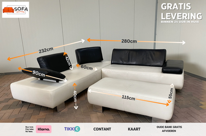 GRATIS LEVERING HEEL BENELUX + DACH Montel Wit Echt Leer Hoekbank + Hocker