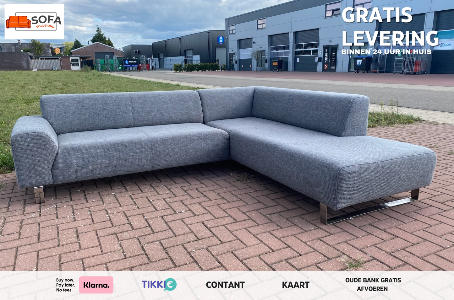 Moderne grijze stoffen hoekbank–Diep comfort–Ruime lounge–Gratis levering in NL & BE