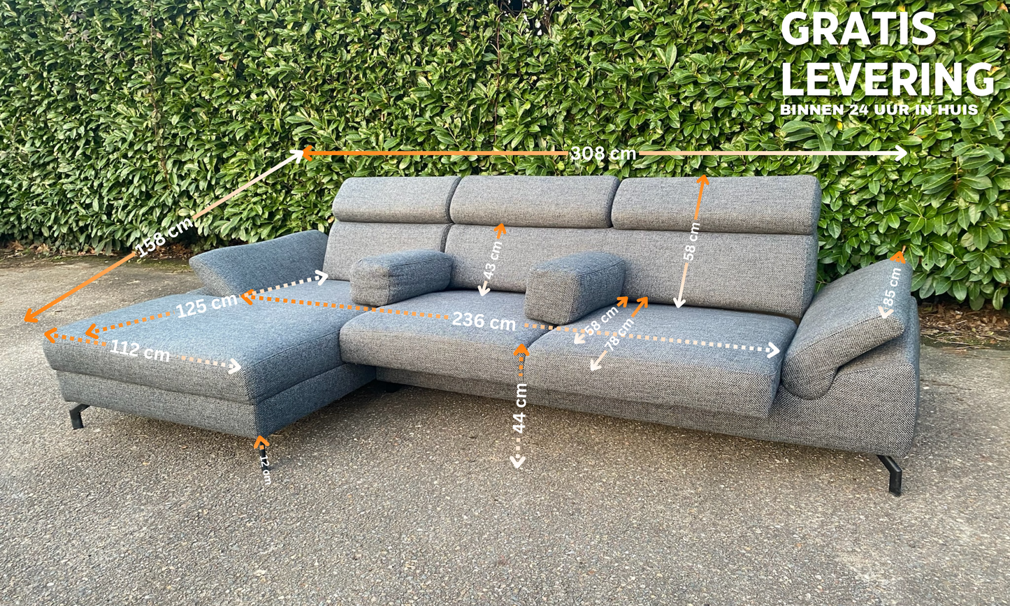 Montèl Modena Hoekbank–Uitschuifbare Zitvlakken–Luxe Grijs Design–Gratis Levering