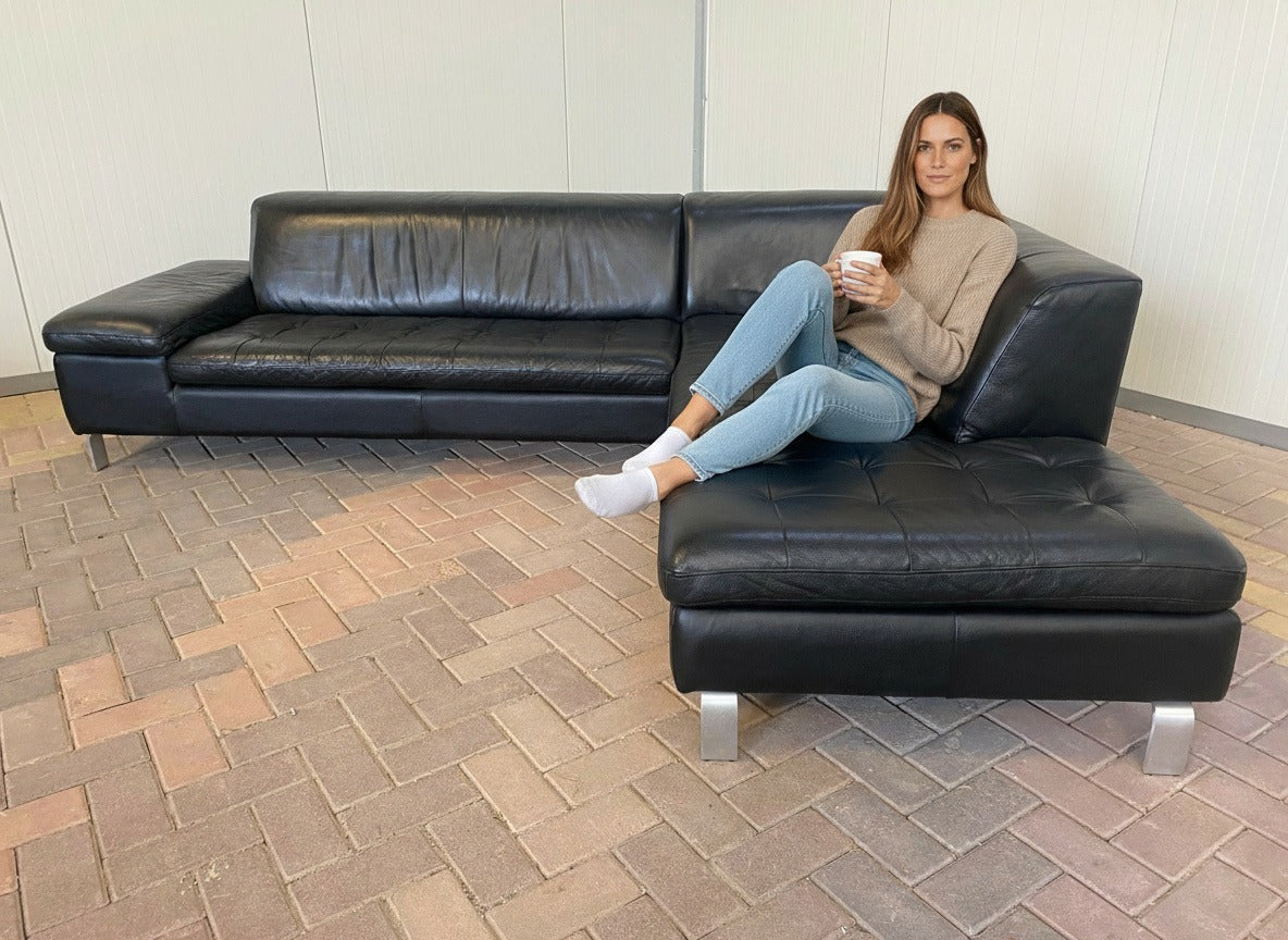 GRATIS LEVERING HEEL BENELUX + DACH Caliaitalia Zwarte Echt Leer Hoekbank