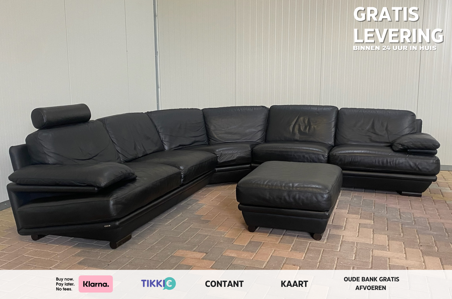 GRATIS LEVERING HEEL BENELUX + DACH Natuzzi Zwart Echt Leer Hoekbank met Hocker