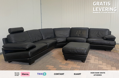 GRATIS LEVERING HEEL BENELUX + DACH Natuzzi Zwart Echt Leer Hoekbank met Hocker