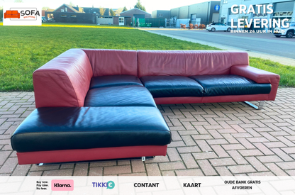 GRATIS LEVERING HEEL BENELUX + DACH Montel Hoekbank Van Echt Leer In Rood En Zwart