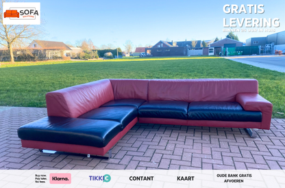 GRATIS LEVERING HEEL BENELUX + DACH Montel Hoekbank Van Echt Leer In Rood En Zwart