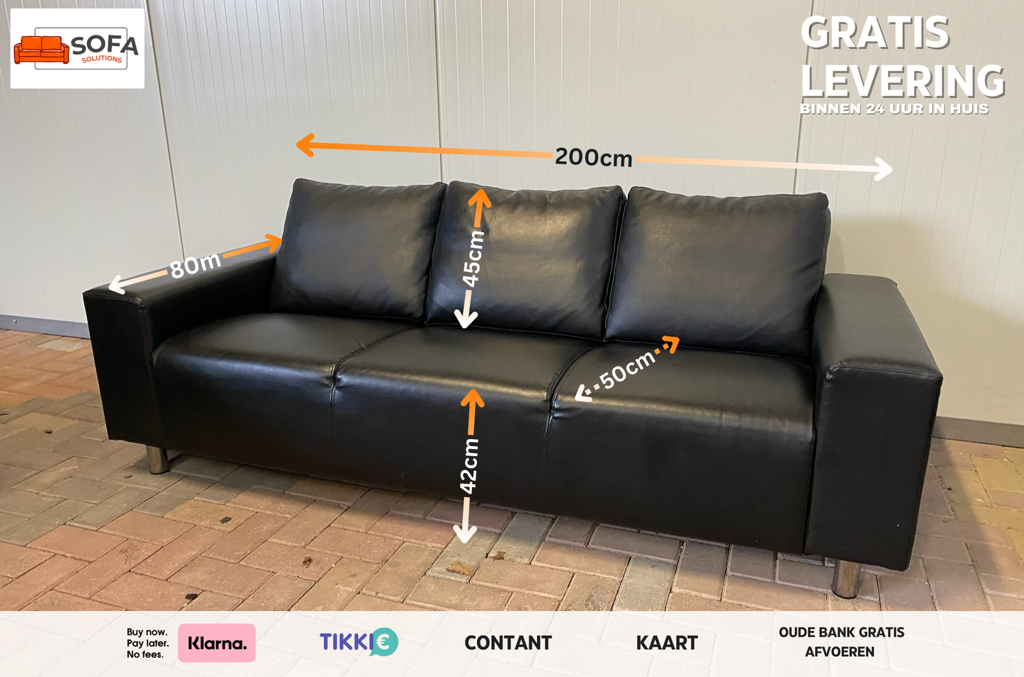 GRATIS LEVERING HEEL BENELUX + DACH Mooie Zwart Leer 3-zitsbank