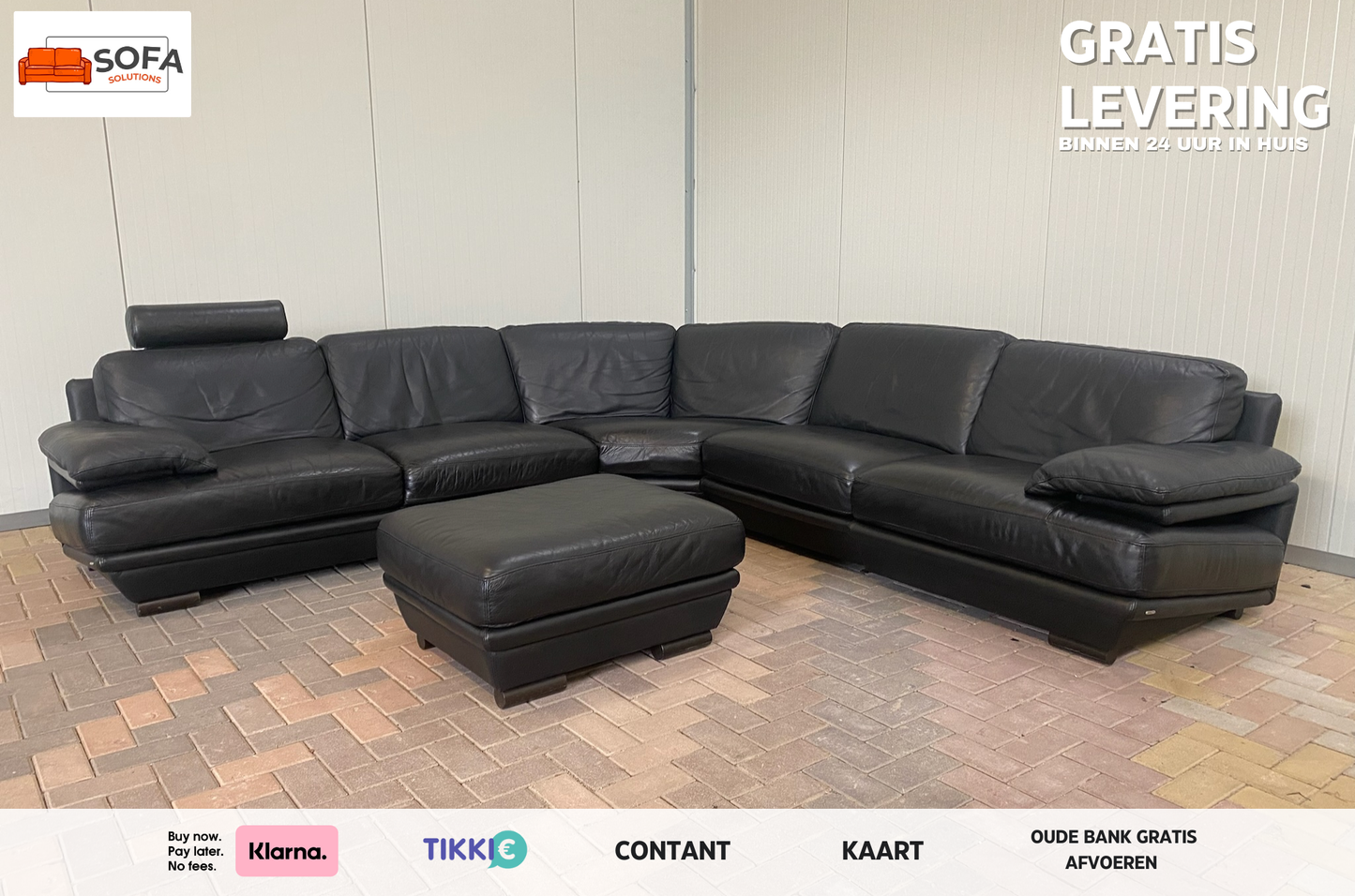 GRATIS LEVERING HEEL BENELUX + DACH Natuzzi Zwart Echt Leer Hoekbank met Hocker