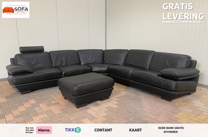 GRATIS LEVERING HEEL BENELUX + DACH Natuzzi Zwart Echt Leer Hoekbank met Hocker
