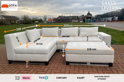 Grijze Stoffen Hoekbank met Hocker–Ruim Lounge Comfort–Gratis Levering