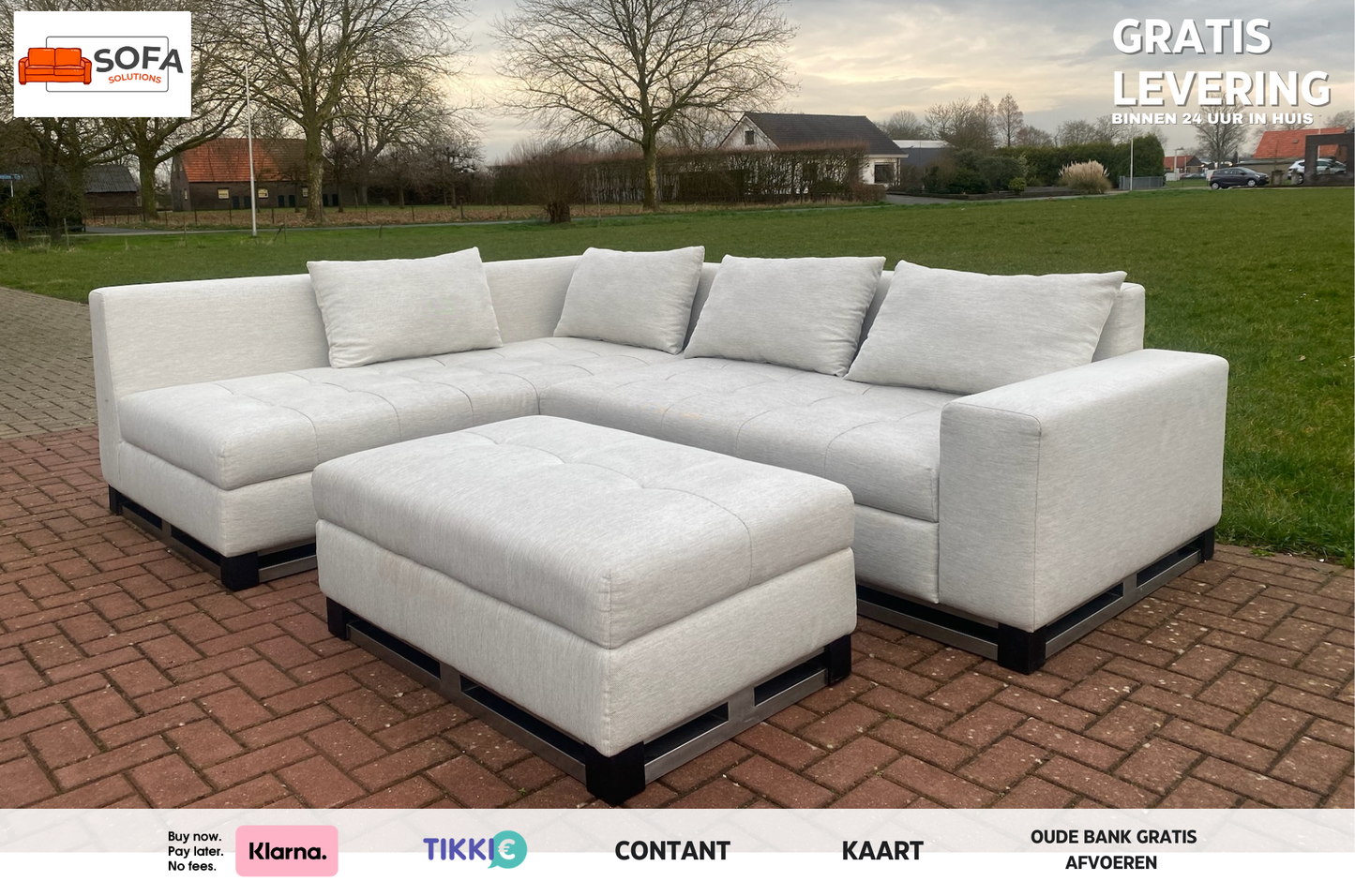 Grijze Stoffen Hoekbank met Hocker–Ruim Lounge Comfort–Gratis Levering