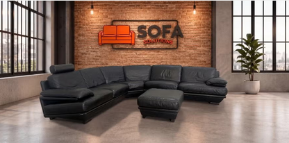 Natuzzi Plaza Hoekbank met Hocker–Echt Zwart Leer–Luxe Lounge Comfort -Gratis Levering