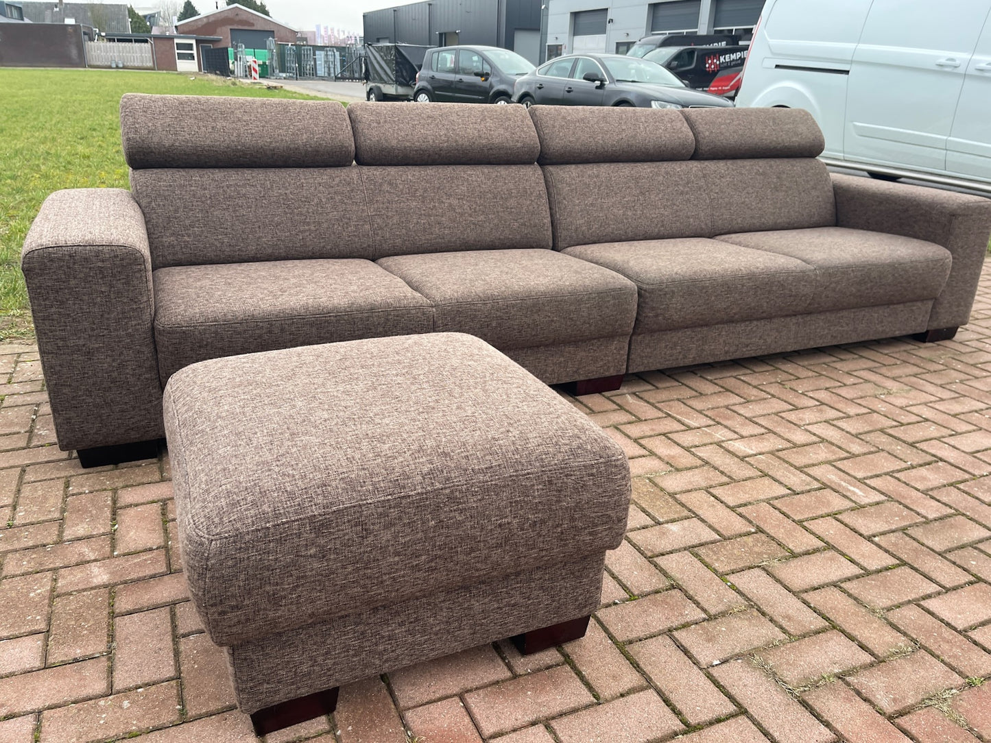 GRATIS LEVERING HEEL BENELUX + DACH Grote Stoffen Bruin 4 -zits Bankstel + Hocker