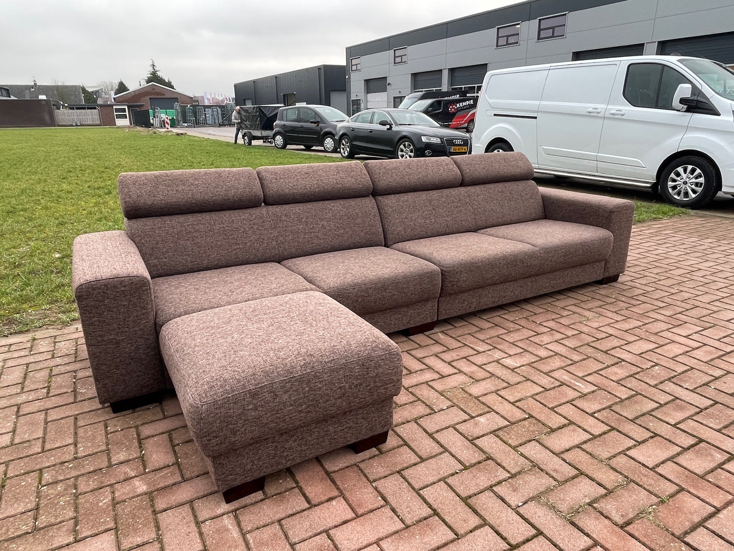 GRATIS LEVERING HEEL BENELUX + DACH Grote Stoffen Bruin 4 -zits Bankstel + Hocker