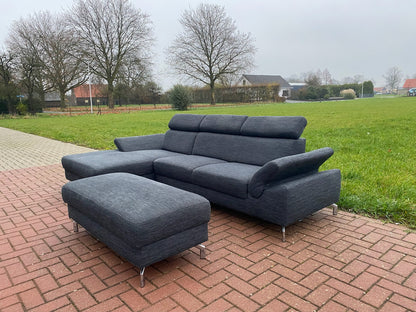 GRATIS LEVERING HEEL BENELUX + DACH Montel Grjs Stoffen Hoekbank + Hocker