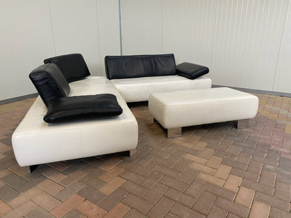 GRATIS LEVERING HEEL BENELUX + DACH Montel Wit Echt Leer Hoekbank + Hocker