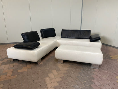 GRATIS LEVERING HEEL BENELUX + DACH Montel Wit Echt Leer Hoekbank + Hocker