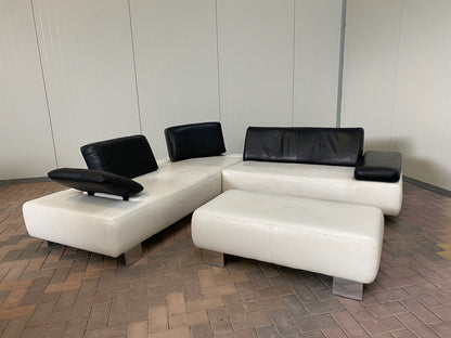 GRATIS LEVERING HEEL BENELUX + DACH Montel Wit Echt Leer Hoekbank + Hocker