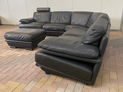 GRATIS LEVERING HEEL BENELUX + DACH Natuzzi Zwart Echt Leer Hoekbank met Hocker