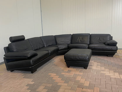 GRATIS LEVERING HEEL BENELUX + DACH Natuzzi Zwart Echt Leer Hoekbank met Hocker