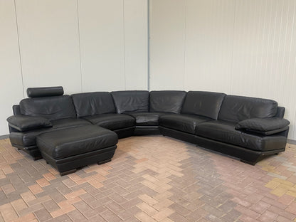 GRATIS LEVERING HEEL BENELUX + DACH Natuzzi Zwart Echt Leer Hoekbank met Hocker