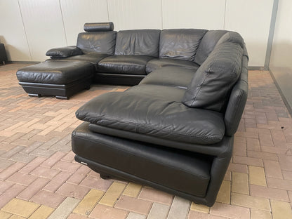 GRATIS LEVERING HEEL BENELUX + DACH Natuzzi Zwart Echt Leer Hoekbank met Hocker