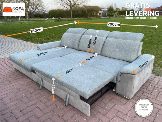 GRATIS LEVERING HEEL BENELUX + DACH Moderne Grijs Stoffen Hoekbank + Slaapfunctie