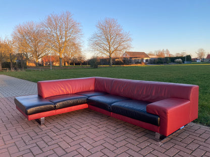 GRATIS LEVERING HEEL BENELUX + DACH Montel Hoekbank Van Echt Leer In Rood En Zwart