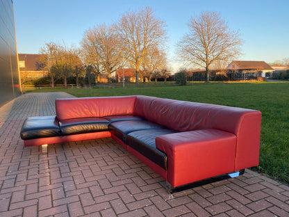 GRATIS LEVERING HEEL BENELUX + DACH Montel Hoekbank Van Echt Leer In Rood En Zwart