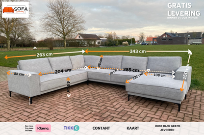 Grijs Stoffen U-Bankstel – Extra Grote Lounge Hoekbank – Gratis Levering