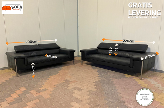GRATIS LEVERING HEEL BENELUX + DACH Montel Zwart Leer Bankstel 3+2,5 Zits