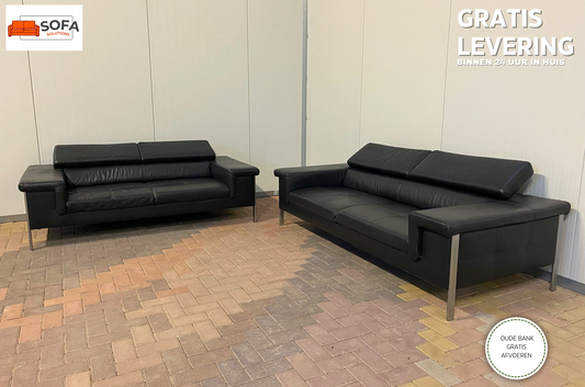 GRATIS LEVERING HEEL BENELUX + DACH Montel Zwart Leer Bankstel 3+2,5 Zits