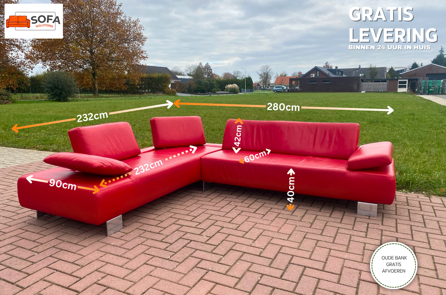 GRATIS LEVERING HEEL BENELUX + DACH Montel Rode Echt Leer Hoekbank