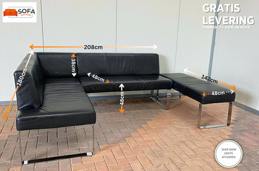 GRATIS LEVERING HEEL BENELUX + DACH  Zwart Echt Leer Eet Hoekbank met Hocker