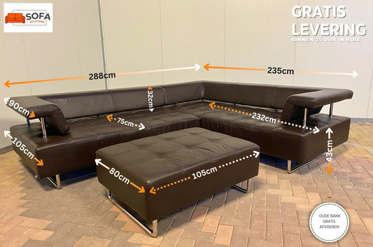 GRATIS LEVERING HEEL BENELUX + DACH Montel Bruin Echt Leer Hoekbank met Poef