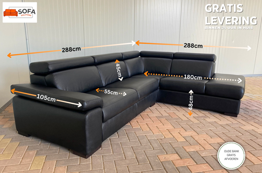 GRATIS LEVERING HEEL BENELUX + DACH Zwarte Leer Hoekbank met Chaise Lounge