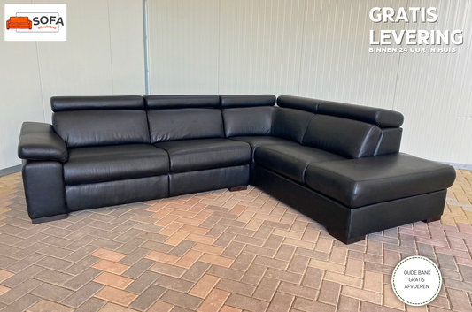 GRATIS LEVERING HEEL BENELUX + DACH Zwarte Leer Hoekbank met Chaise Lounge