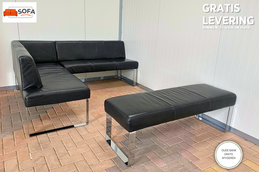 GRATIS LEVERING HEEL BENELUX + DACH  Zwart Echt Leer Eet Hoekbank met Hocker