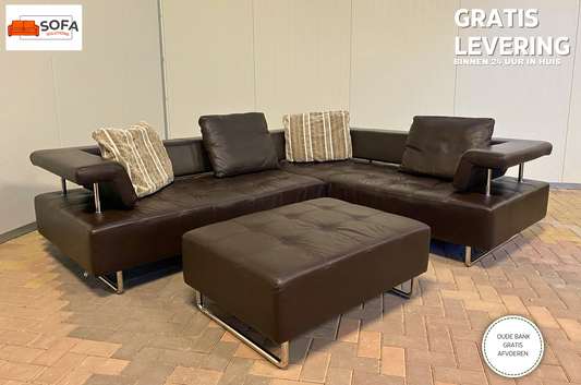 GRATIS LEVERING HEEL BENELUX + DACH Montel Bruin Echt Leer Hoekbank met Poef