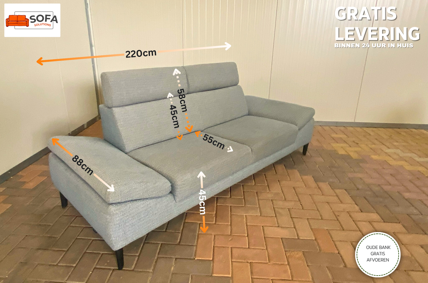 GRATIS LEVERING HEEL BENELUX + DACH Montel Grijze 3-zitsbank met Verstelbare Hoofdsteun